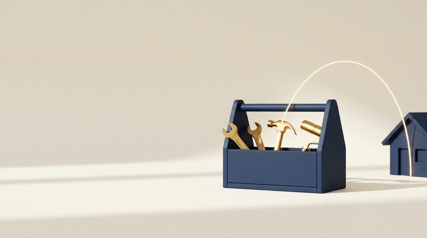 A navy toolbox of gold tools, a thread of light arriving from a home